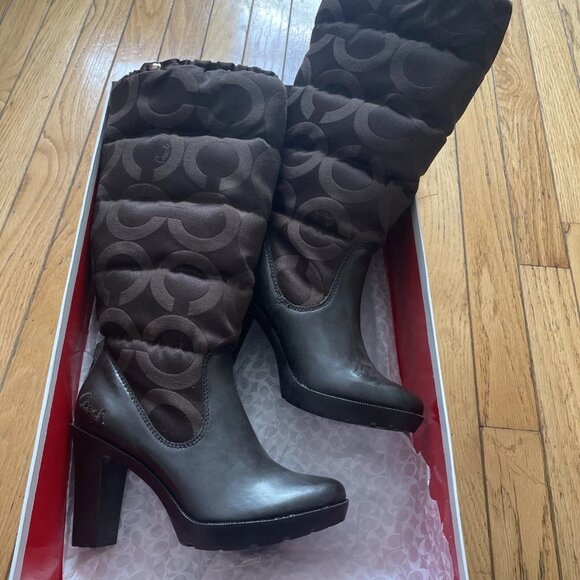 Coach Shoes - COACH Loryn Rain Boots Quilted High Heel Brown Logo Fabric SZ 5 1/2 - in box